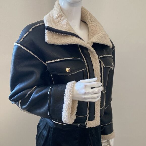 Blank NYC Black Faux Leather Sherpa Lined Oversized Coat Flying Squad Nordstrom - Picture 4 of 9